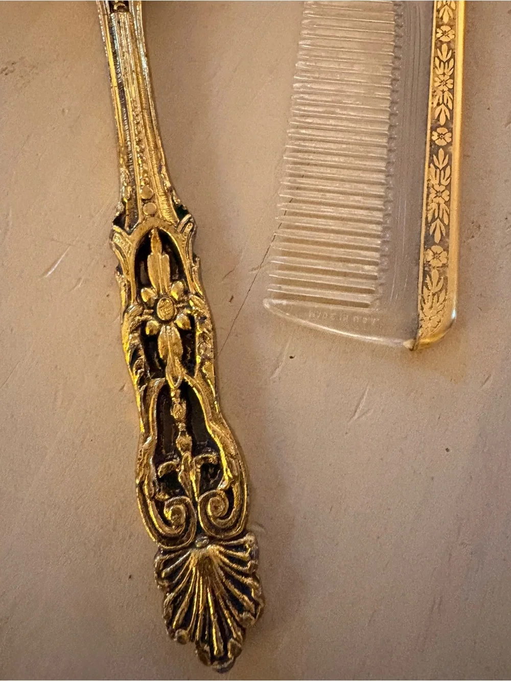 VTG Globe 24K Gold Plated Vanity Set Hand Mirror, Brush, Comb -Hollywood Regency